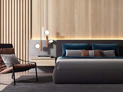 Modern Double Bed With Wooden Headboard Round Pendant Lights Decorative Pillows And Accent Chair 3d model