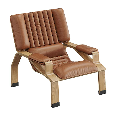 Brown Leather Leisure Chair with Quilted Backrest and Wooden Armrests Legs Modern Design 3d model