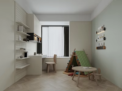 Bright Kids Room Interior With Perforated Wall Shelves Window Curtains Teepee Tent And Herringbone Floor 3d model