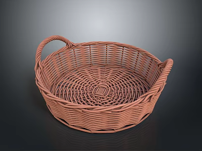 Brown Woven Basket With Two Handles Round Shape On Gray Background 3d model