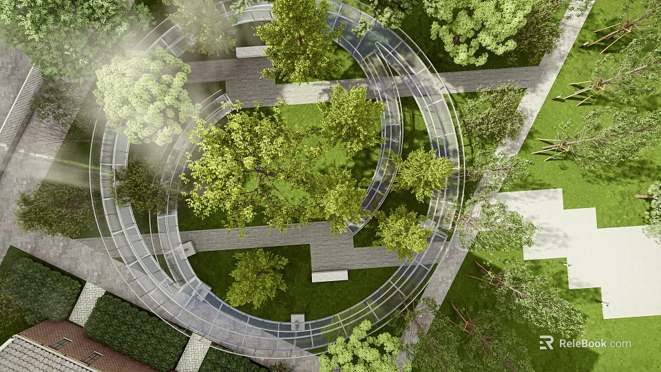 Scenic Park Landscape With Circular Pathways Dense Trees And Lush Greenery 3d model