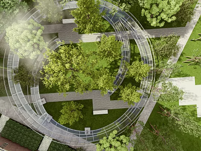 Scenic Park Landscape With Circular Pathways Dense Trees And Lush Greenery 3d model