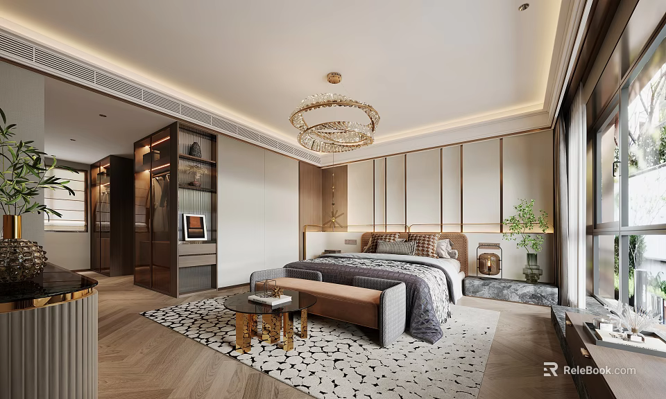 Elegant Modern Bedroom Interior With Chandelier Wooden Flooring Green Plant And Area Rug 3d model 