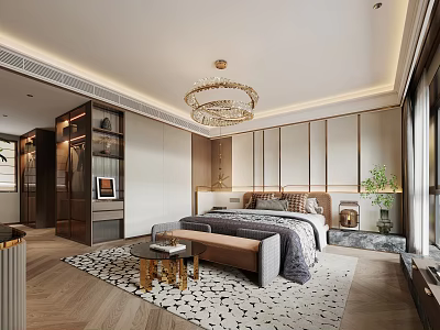 Elegant Modern Bedroom Interior With Chandelier Wooden Flooring Green Plant And Area Rug 3d model