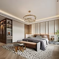 Elegant Modern Bedroom Interior With Chandelier Wooden Flooring Green Plant And Area Rug