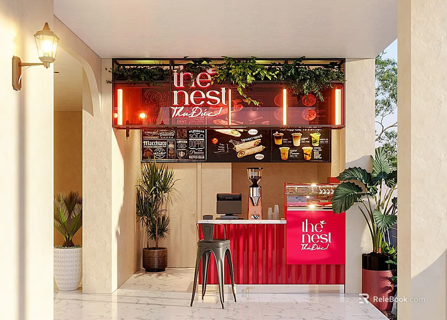 Elegant Café With Red Awning Menu Board Coffee Machine Plants Wall Lamp And Marble Floor 3d model 