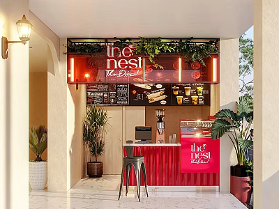 Elegant Café With Red Awning Menu Board Coffee Machine Plants Wall Lamp And Marble Floor 3d model