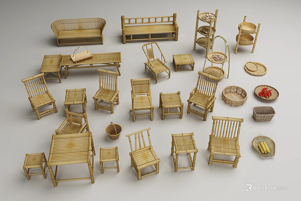 Bamboo Table And Chair Set With Sofa Shelf And Handwoven Baskets 3d model