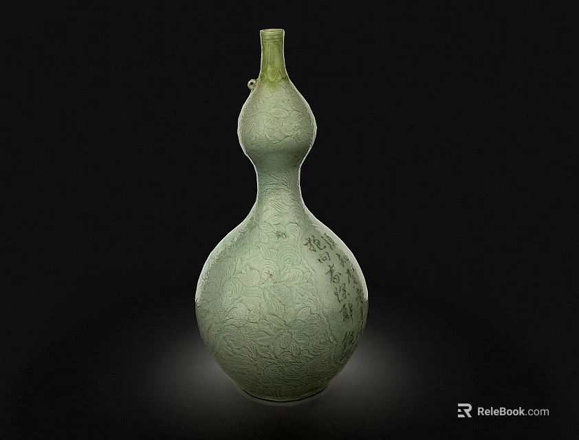 Green Gourd Shaped Ceramic Vessel with Intricate Carved Patterns Against Black Background 3d model 