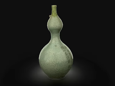 Green Gourd Shaped Ceramic Vessel with Intricate Carved Patterns Against Black Background 3d model
