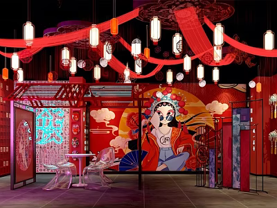 Traditional Chinese Interior With Red Decorations Lanterns Peking Opera Mural And Neon Sign 3d model