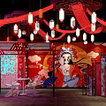 Traditional Chinese Interior With Red Decorations Lanterns Peking Opera Mural And Neon Sign