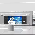 Modern Exhibition Hall Featuring Large Screen Robot Interface White Curved Design Round Podium And Bowl Seat