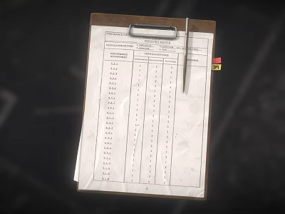 Desk Setup Featuring Clipboard With Printed Table And Pen On Surface 3d model
