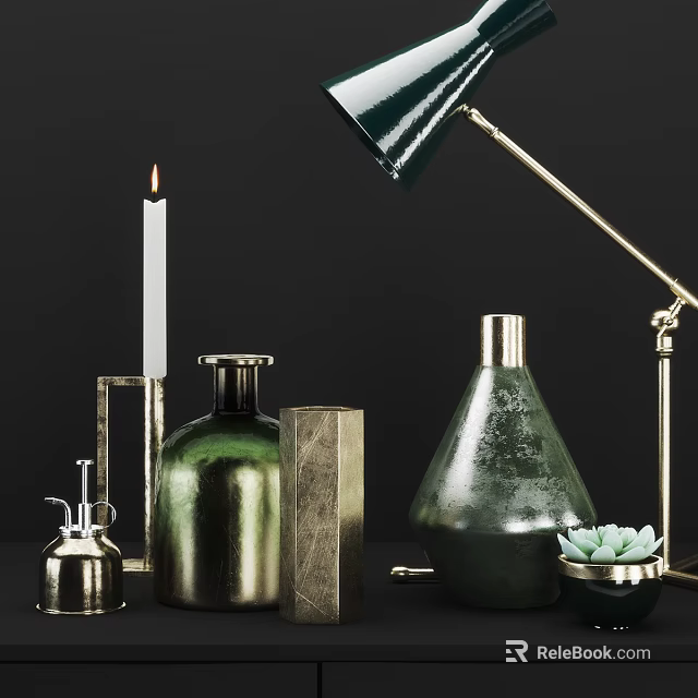 Decorative Ornament Set With Green Bottles Candle Table Lamp Square Decor And Succulent Plant 3d model 