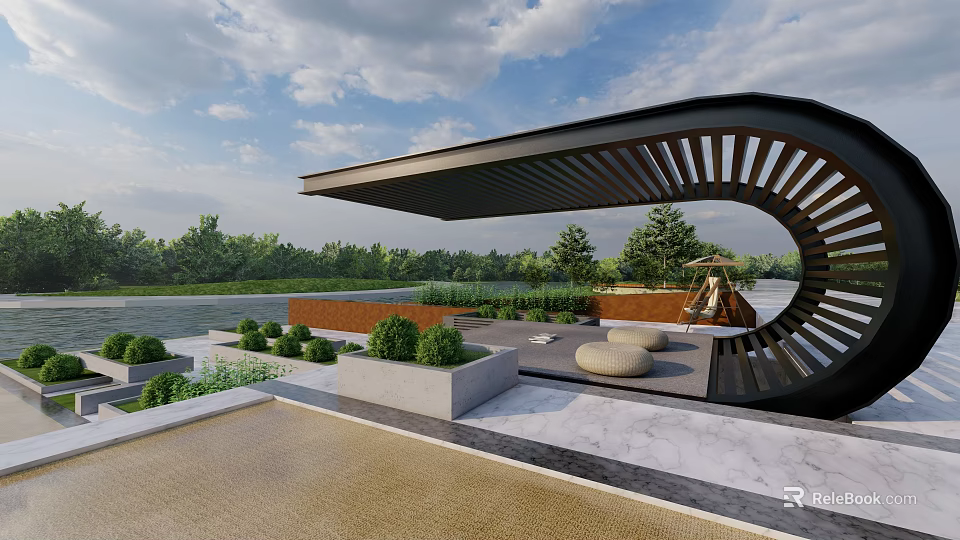 Modern Curved Roof Landscape Pavilion With Wooden Slats Greenery And Seating Area 3d model 