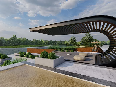 Modern Curved Roof Landscape Pavilion With Wooden Slats Greenery And Seating Area 3d model