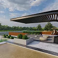 Modern Curved Roof Landscape Pavilion With Wooden Slats Greenery And Seating Area