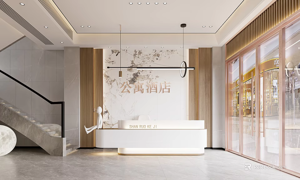 Elegant Modern Apartment Hotel Front Desk With Marble Wall Hanging Lights And Glass Doors 3d model 