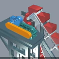 Industrial Equipment With Blue Green Motor Yellow Component And Red Bucket Conveyor On Gray Frame
