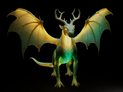 Mythical Game Movie Character Antlered Dragon With Glowing Translucent Yellow Green Wings 3d model