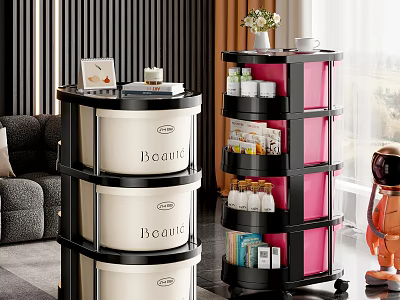 Modern Multi Layer Storage Trolleys With Black White And Pink Design For Home Organization 3d model