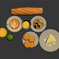 Delicious Assorted Food Display With Coffee Juice Banana Cookies And Cheese