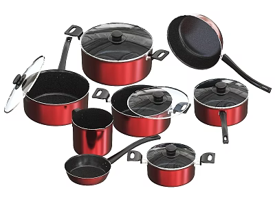 Red Cookware Set With Various Sizes Pots Lids And Black Base 3d model