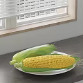Fresh Yellow Corn on White Plate on Dark Countertop by Window with Blinds