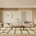 Modern Living Room Interior With Beige Sofa Wooden Coffee Table And Checkered Rug