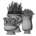 Bonsai Potted Plants In Three Gray Stone Planters With Lush Green Foliage