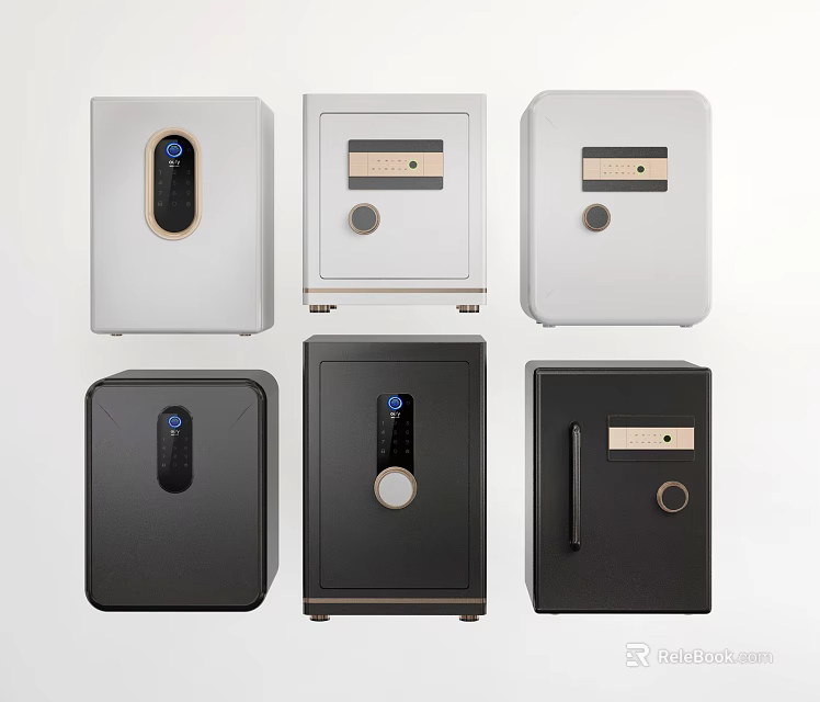 Various Modern Safes With Electronic Panels Knobs And Handle Designs In White And Black 3d model