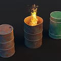 Burning Barrel With Flames Between Rusty And Green Metal Barrels