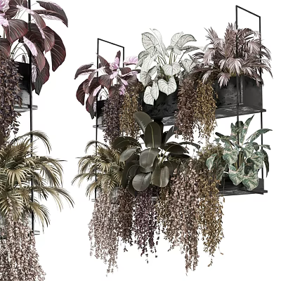 Stylish Floral Display With Multi Layered Shelf And Varied Hanging Foliage Plants 3d model