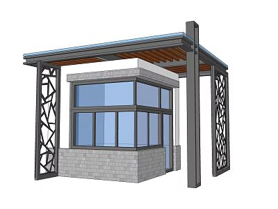 Modern Pavilion Design With Metal Frame Brick Wall Decorative Carved Columns And Glass Windows 3d model