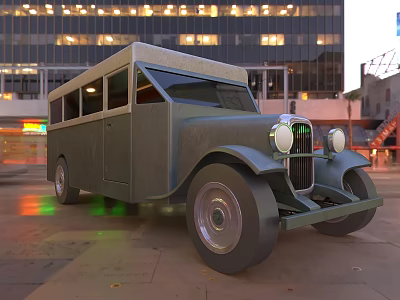 Vintage Green Car With Classic Design In Urban City Evening Scene 3d model