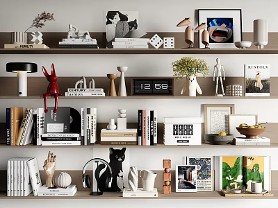 Modern Decorative Ornament Set with Books Sculptures Frames and Plants on Display Shelves 3d model