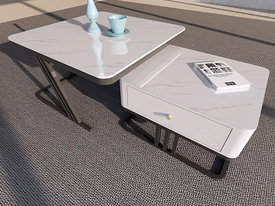 Modern White Marble Coffee Tables With Black Metal Frame Drawer Decorative Vase Cup And Magazine 3d model