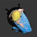 Blonde Haired Female Character Wearing Blue Floral Dress Seated On Black Chair Against Gray Background