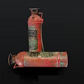Two Vintage Red Fire Extinguishers With Green Labels And Hose On Black Background