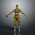 Green Skinned Fantasy Warrior Character in Battle Armor with Weapon for Games and Movies