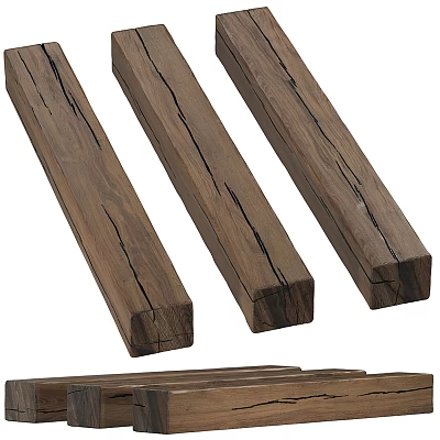 Three Brown Rustic Wooden Pillars With Natural Wood Grain And Cracks 3d model