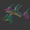 Futuristic Sci Fi Aircraft With Teal Sharp Wings And Yellow Lights Design