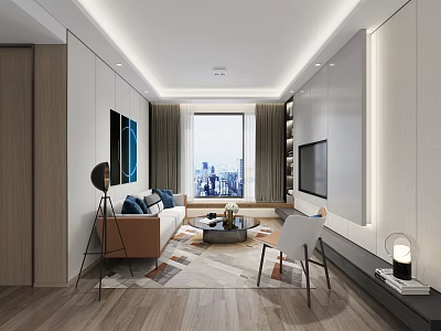 Modern Minimalist Living And Dining Area With Floor To Ceiling Window And City View 3d model