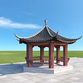 Traditional Chinese Pavilion With Black Tile Roof Red Columns On Square Tile Platform Green Lawn