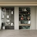 Modern Bookcase With Glass Doors Books And Decorative Items On Marble Backdrop
