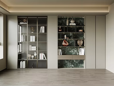 Modern Bookcase With Glass Doors Books And Decorative Items On Marble Backdrop 3d model