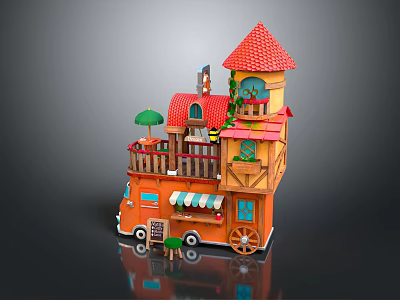 Cartoon Orange House with Red Roof Balcony Green Plants Awning and Tables Chairs on Terrace 3d model