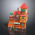 Cartoon Orange House with Red Roof Balcony Green Plants Awning and Tables Chairs on Terrace