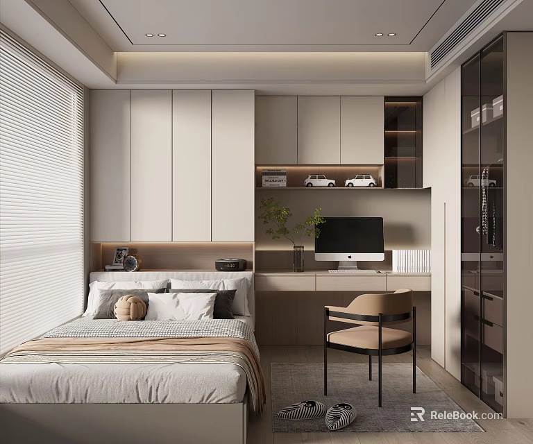 Modern Tatami Bedroom Interior Design With Storage Cabinets Desk Chair And Potted Plant 3d model 
